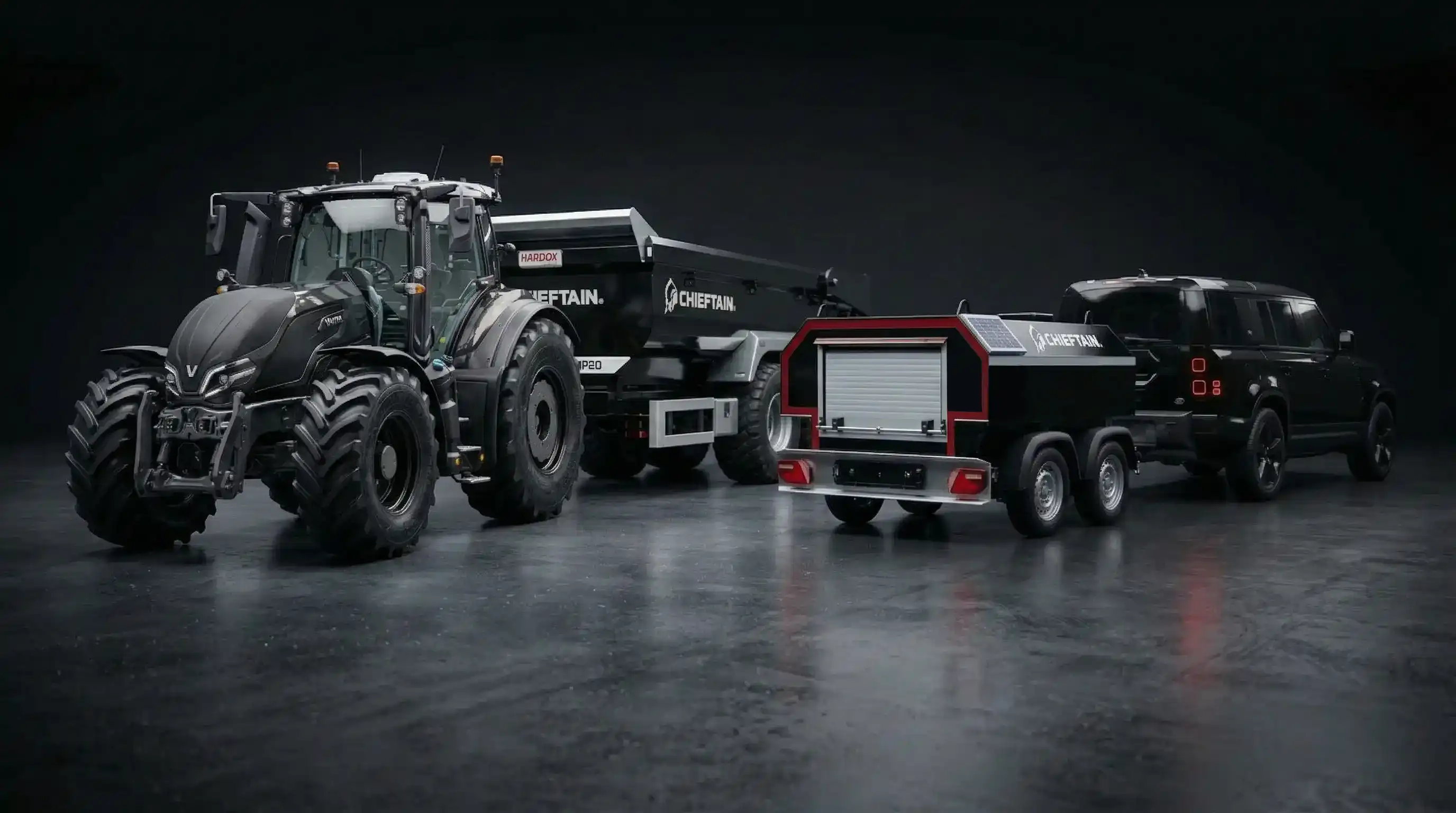 Chieftain trailer range including dump trailer, semi low loader, fuel bowser and rail trailer in a warehouse